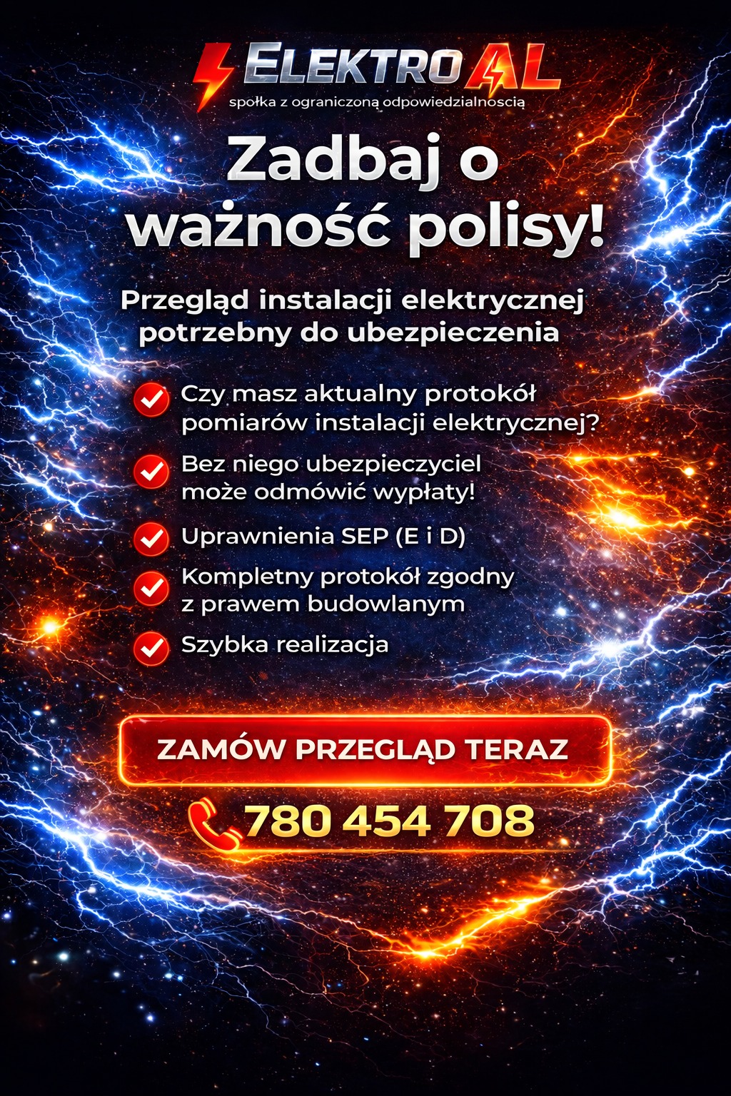 Grafika reklamowa ElektroAL z piorunami w tle, promująca przegląd instalacji elektrycznej do ubezpieczenia. Zawiera hasło 'Zadbaj o ważność polisy!' i numer telefonu.