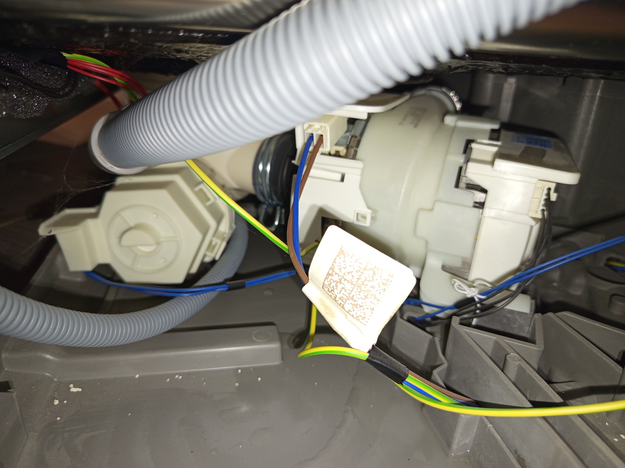 Wnętrze zmywarki z widoczną pompą, przewodami i elementami instalacji. Szary wąż odpływowy i kolorowe kable elektryczne. Detal naprawy lub serwisu AGD.