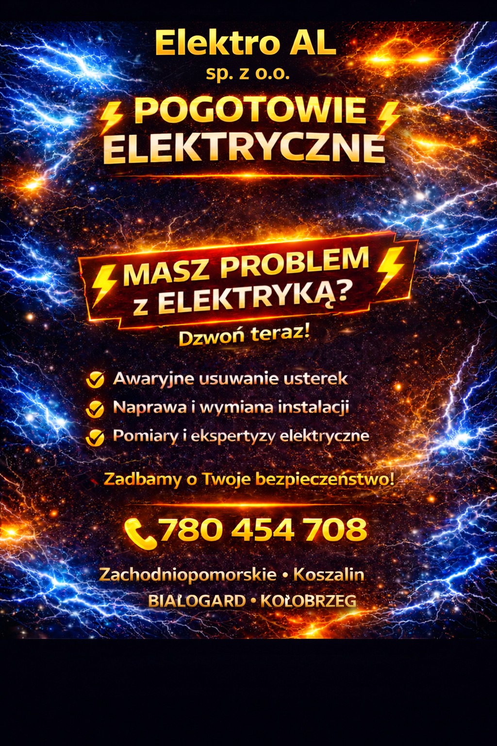 Baner reklamowy firmy Elektro AL: pogotowie elektryczne, awaryjne usuwanie usterek, naprawa i wymiana instalacji, pomiary i ekspertyzy elektryczne. Numer telefonu.