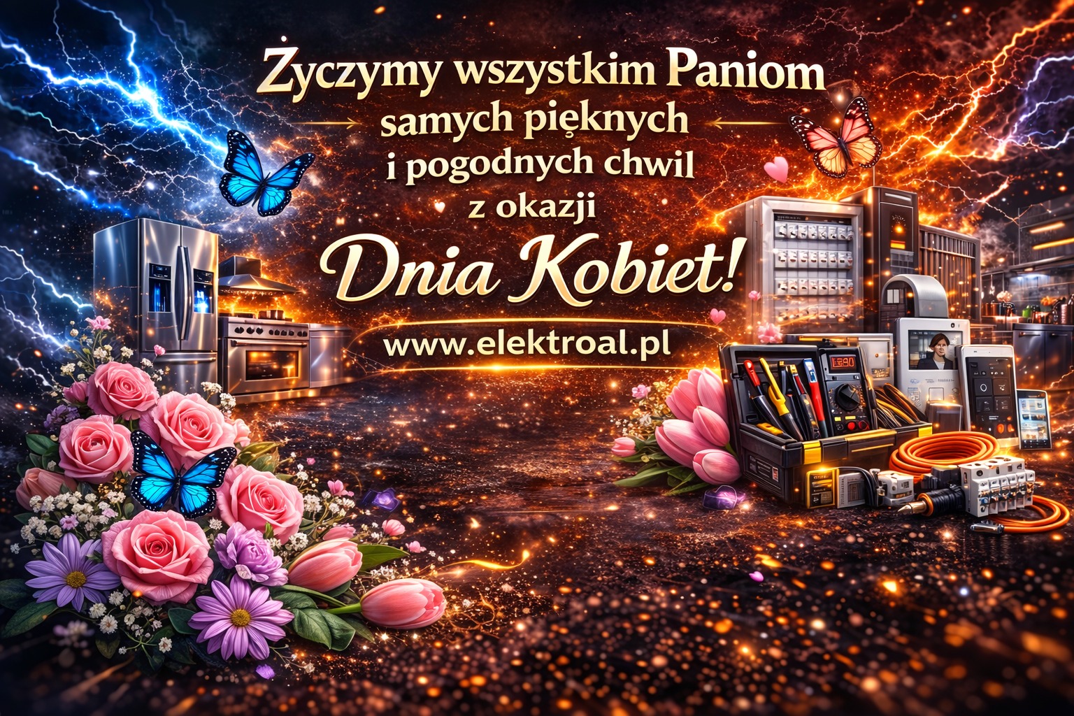 Życzenia na Dzień Kobiet od firmy elektroal.pl z narzędziami elektrycznymi, sprzętem AGD i rozdzielnicą w tle, ozdobione kwiatami i motylami.