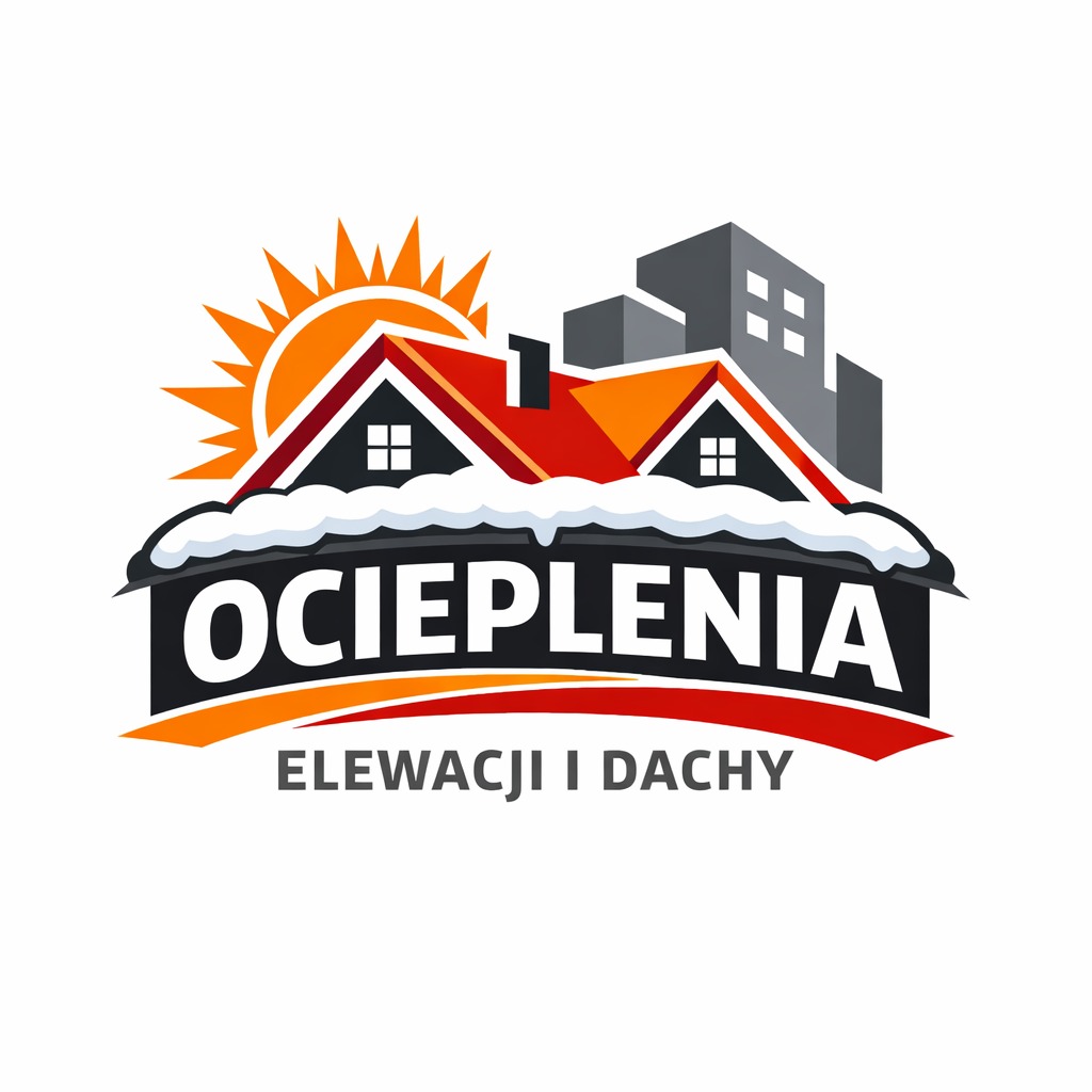 Kolorowe logo firmy z motywem ocieplenia elewacji i dachów. Stylizowany budynek z dachem, słońce i budynki w tle. Napis 'OCIEPLENIA ELEWACJI I DACHY'.