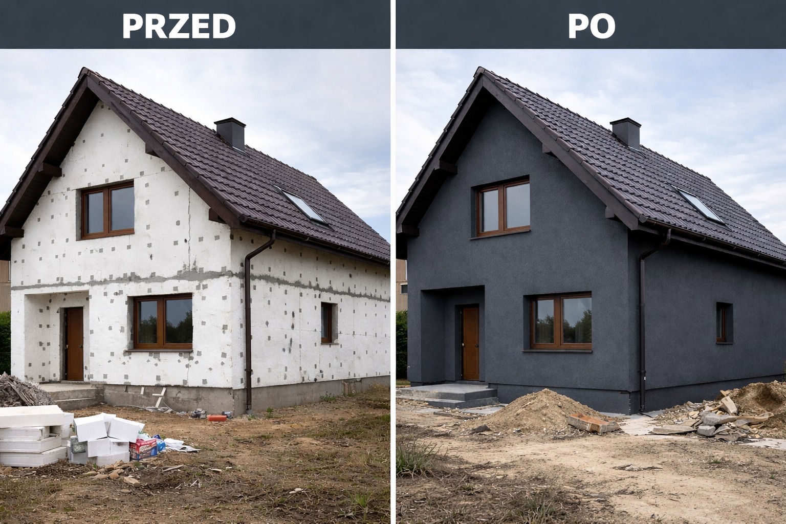Dom przed ociepleniem elewacji i po malowaniu na szaro. Widoczne zmiany w wyglądzie budynku, prezentacja efektu 'przed i po' z nową elewacją.