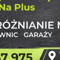 Piotr Dryja - Grafika reklamowa z napisem 'Opróżnianie mieszkań, piwnic, garaży, strychów' na teksturowanym tle w odcieniach szarości, z zielonymi akcentami i numerem telefonu.