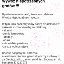 Piotr Dryja - Ogłoszenie o rozbiórce małej architektury: altanki, domki letniskowe, stodoły, kioski, pawilony, garaże. Opróżnianie mieszkań, piwnic, działek. Kontakt: 571267975.