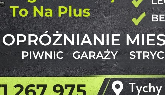 Grafika reklamowa z napisem 'Opróżnianie mieszkań, piwnic, garaży, strychów' na teksturowanym tle w odcieniach szarości, z zielonymi akcentami i numerem telefonu.