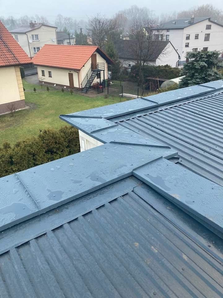 Błękitny blaszany dach z widocznymi łączeniami i kroplami deszczu, na tle zabudowań i zieleni w pochmurny dzień. Ujęcie z góry.