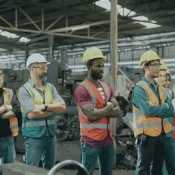 Etat-Hr - Zespół zróżnicowanych pracowników w kaskach i kamizelkach odblaskowych, stojących na tle hali produkcyjnej z maszynami. Skrzyżowane ręce, poważne miny.