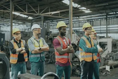 Zespół zróżnicowanych pracowników w kaskach i kamizelkach odblaskowych, stojących na tle hali produkcyjnej z maszynami. Skrzyżowane ręce, poważne miny.