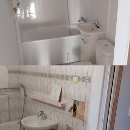 Jakub Szrajer - Zdjęcie 'przed i po' prezentujące metamorfozę łazienki: od starej, zniszczonej armatury i płytek, do nowoczesnej, białej z nową wanną, umywalką i toaletą.