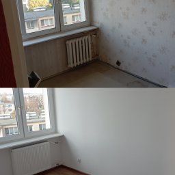 Jakub Szrajer - Zdjęcie 'przed i po' prezentujące metamorfozę pokoju: od starej tapety i podłogi do gładkich, białych ścian i paneli. Widoczna wymiana grzejnika i okna.