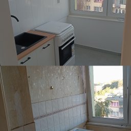 Jakub Szrajer - Zdjęcie 'przed i po' remontu kuchni: od starej, zniszczonej kuchni do nowoczesnej, jasnej z białymi meblami, czarnym zlewem i nową kuchenką. Widok z okna na budynki.