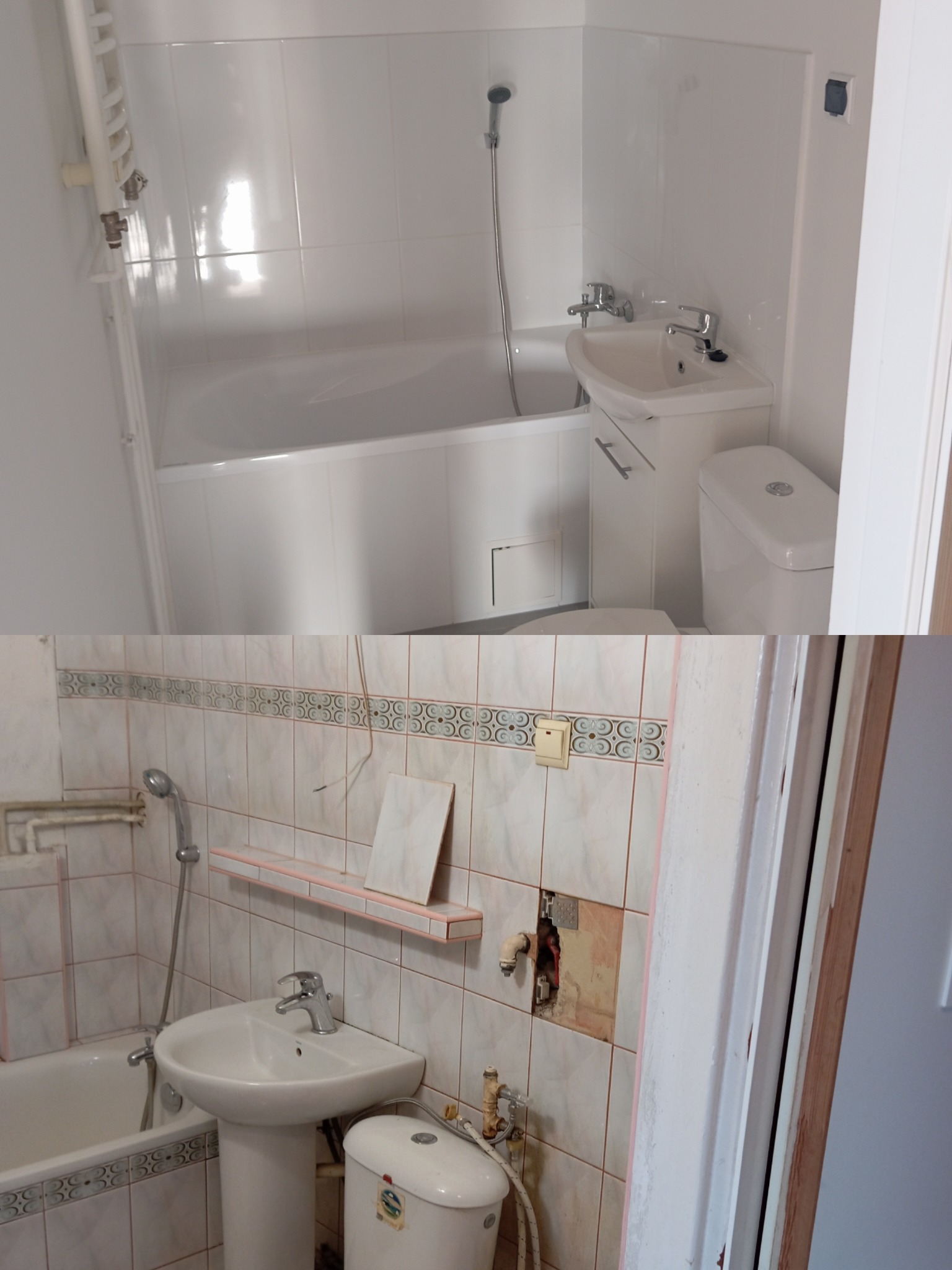 Zdjęcie 'przed i po' prezentujące metamorfozę łazienki: od starej, zniszczonej armatury i płytek, do nowoczesnej, białej z nową wanną, umywalką i toaletą.