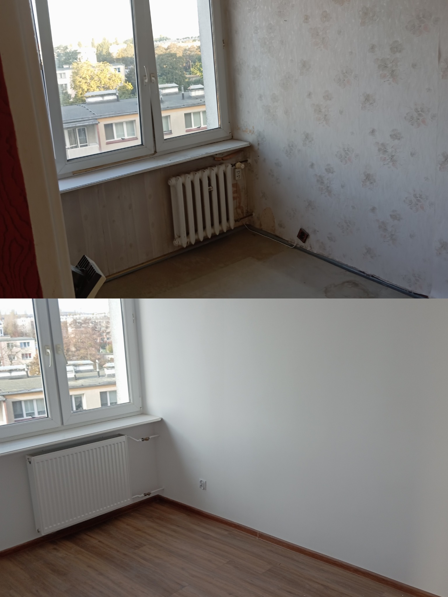 Zdjęcie 'przed i po' prezentujące metamorfozę pokoju: od starej tapety i podłogi do gładkich, białych ścian i paneli. Widoczna wymiana grzejnika i okna.