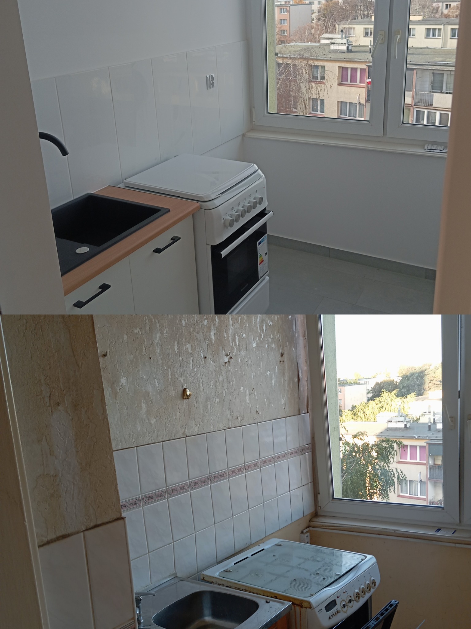 Zdjęcie 'przed i po' remontu kuchni: od starej, zniszczonej kuchni do nowoczesnej, jasnej z białymi meblami, czarnym zlewem i nową kuchenką. Widok z okna na budynki.