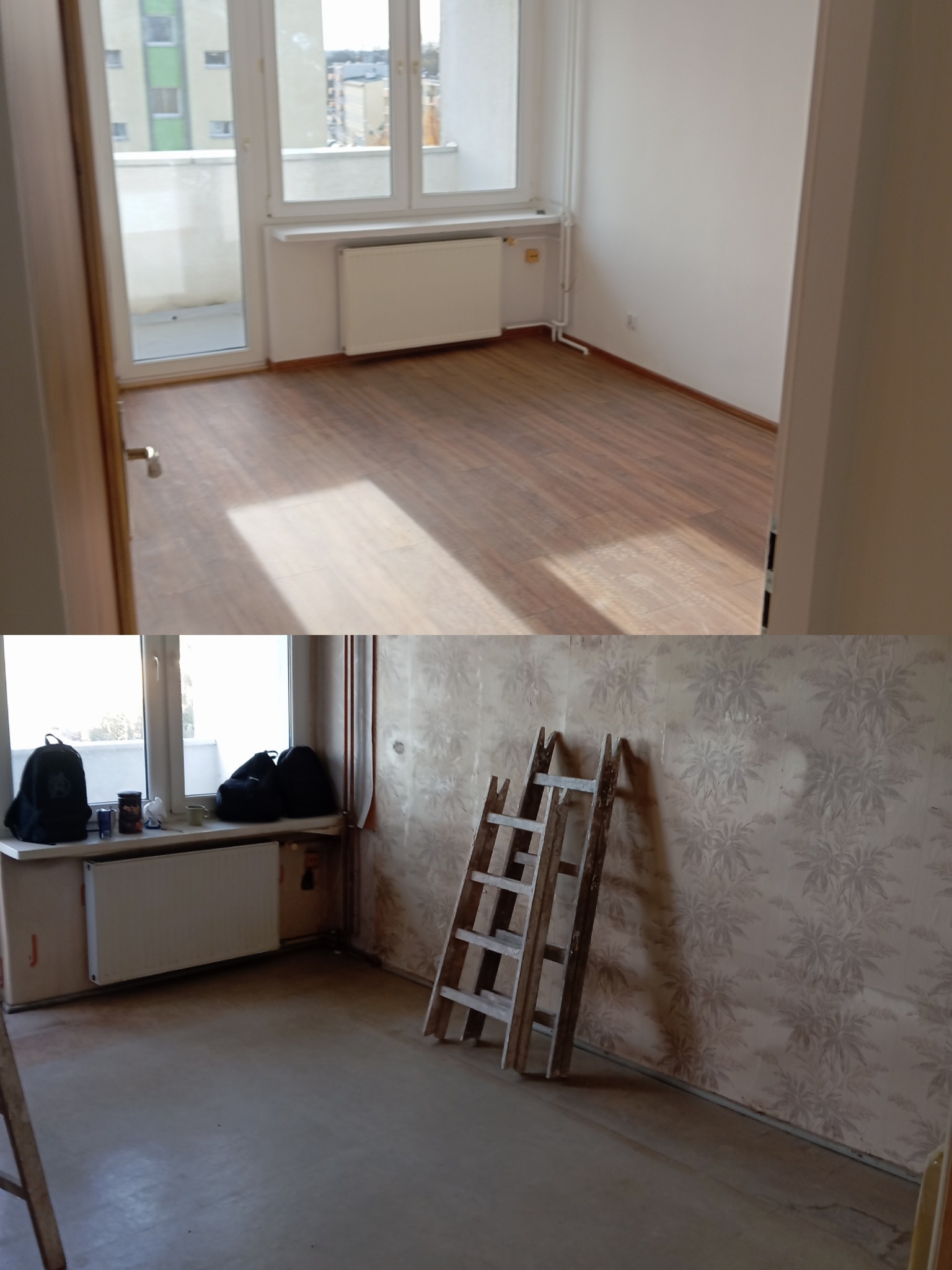 Porównanie: pokój po remoncie z drewnianą podłogą i balkonem, oraz pokój przed remontem z tapetą i drabiną. Widok z perspektywy drzwi.