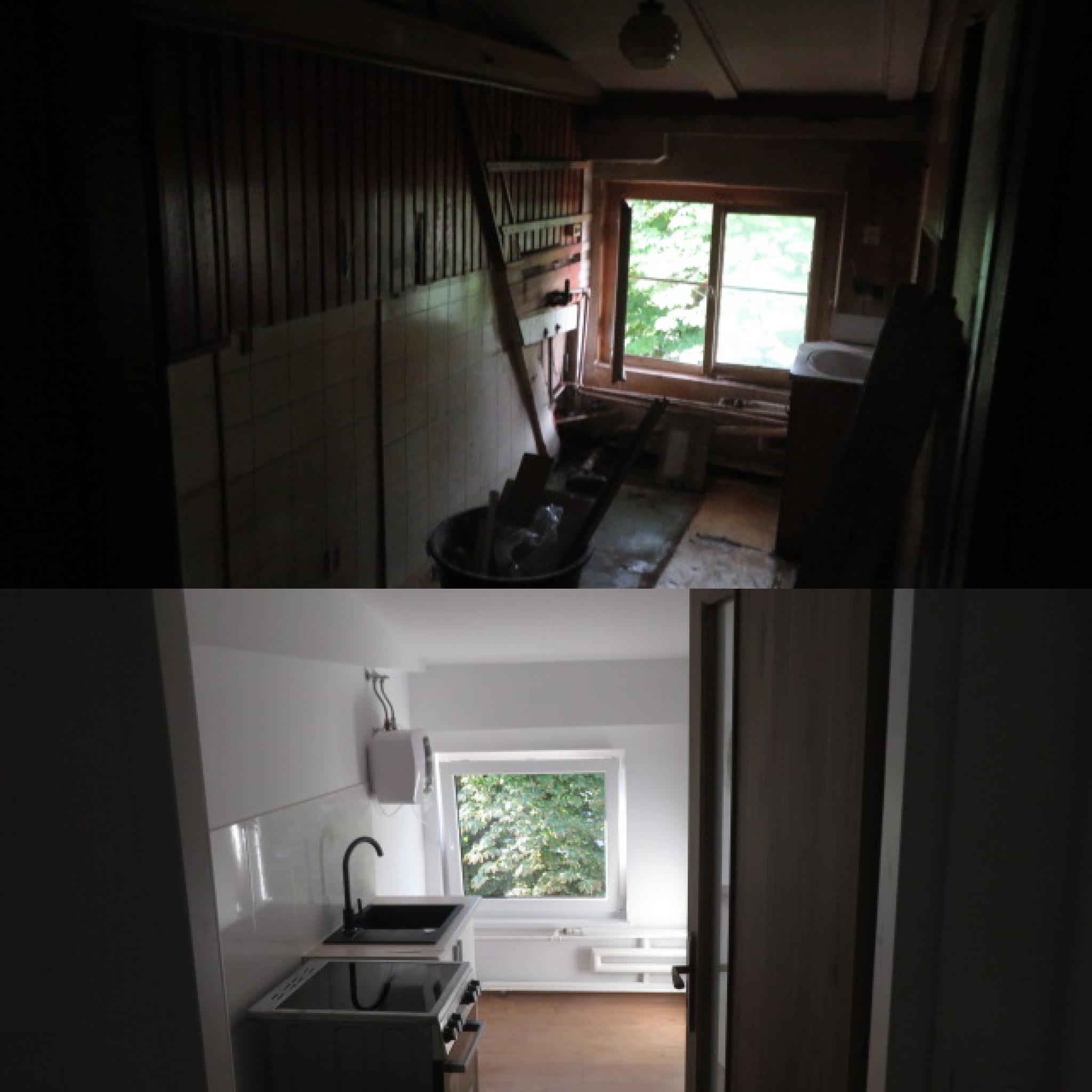 Zdjęcie 'przed i po' prezentujące metamorfozę kuchni: od zaniedbanego wnętrza z boazerią do jasnej, nowocześnie urządzonej przestrzeni z białymi ścianami i nową zabudową.