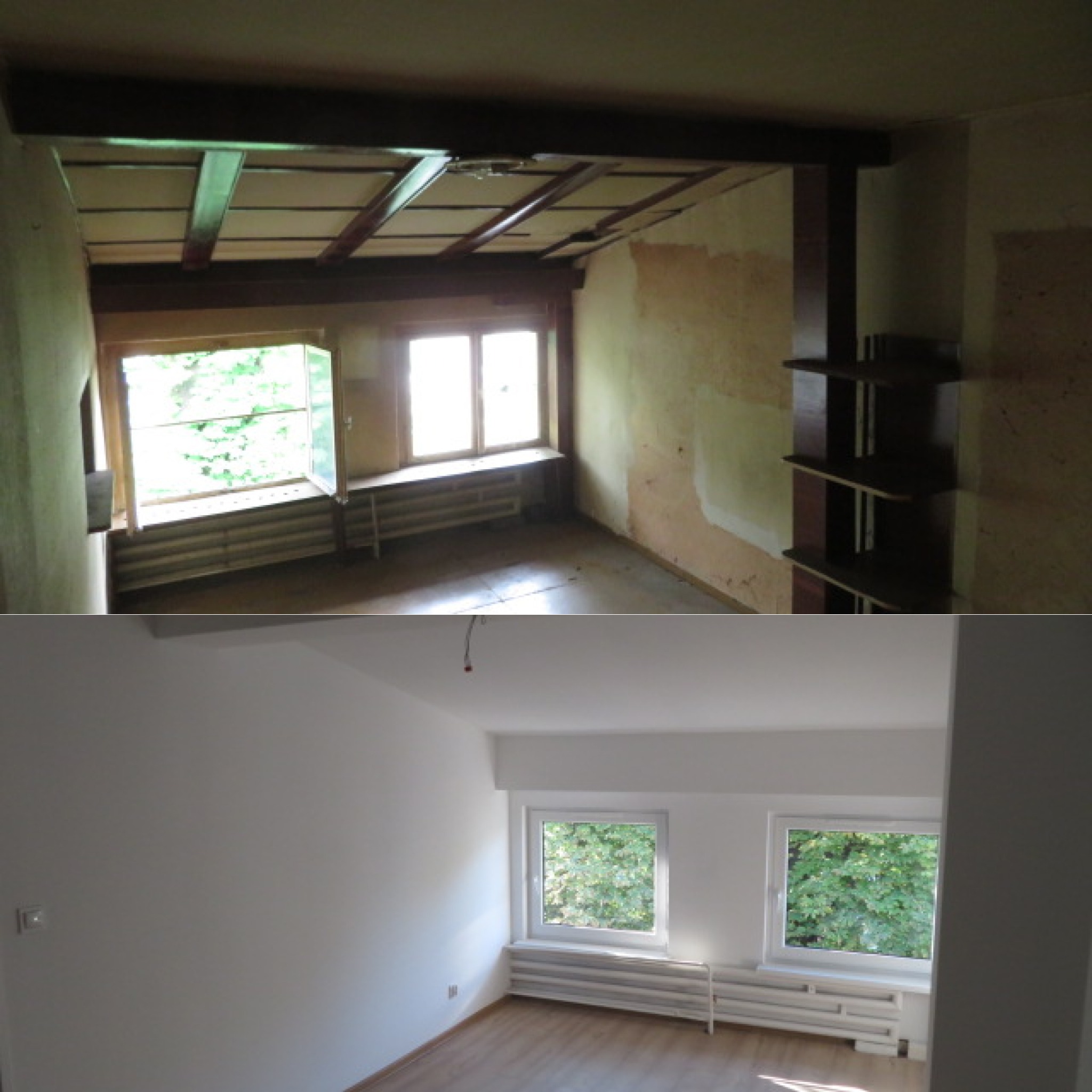 Porównanie stanu pokoju przed i po remoncie: surowe ściany, okna i odnowione, jasne wnętrze z parkietem i świeżo pomalowanymi ścianami. Widok na zieleń za oknem.