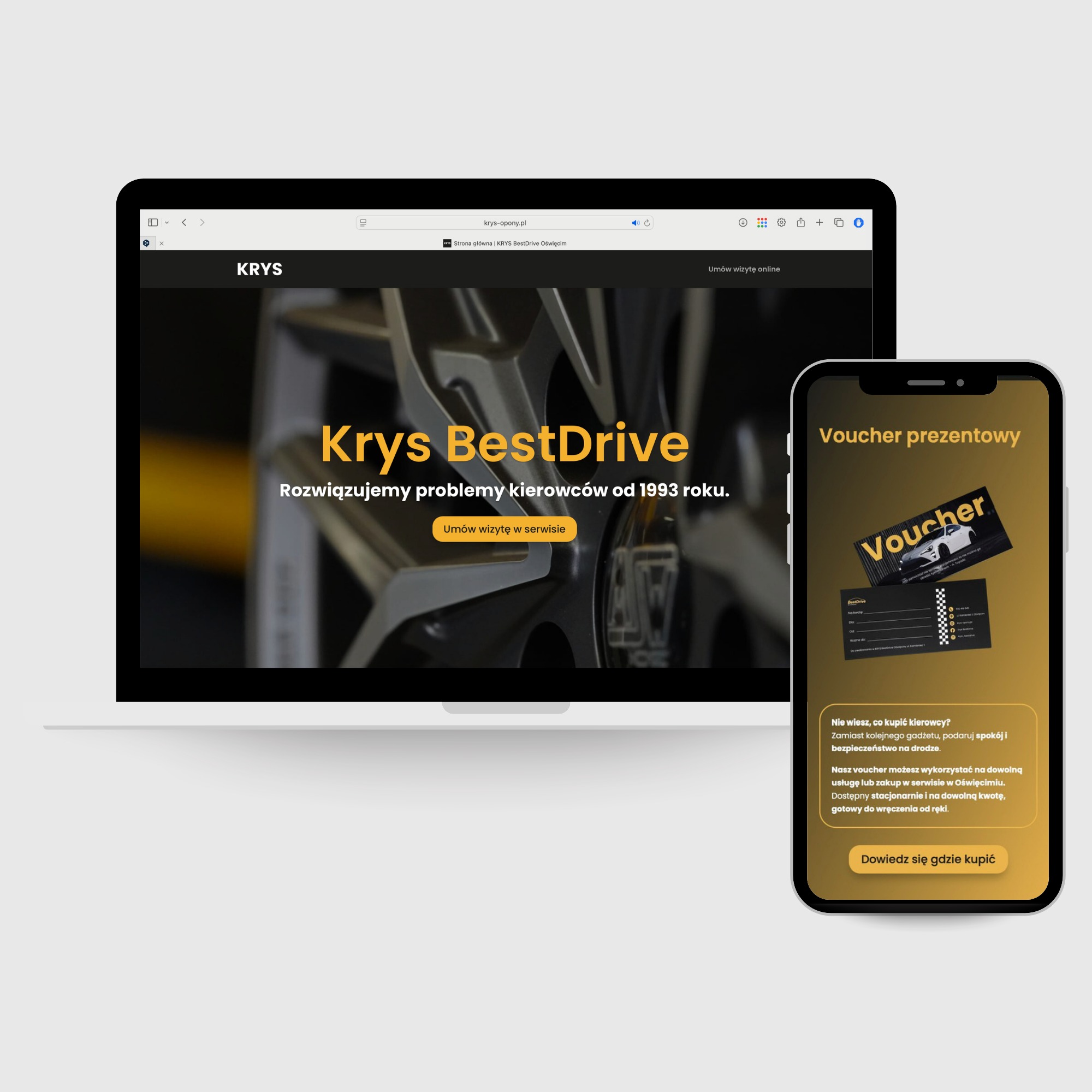 Prezentacja strony www i vouchera prezentowego Krys BestDrive na laptopie i smartfonie. Strona z możliwością umówienia wizyty w serwisie.