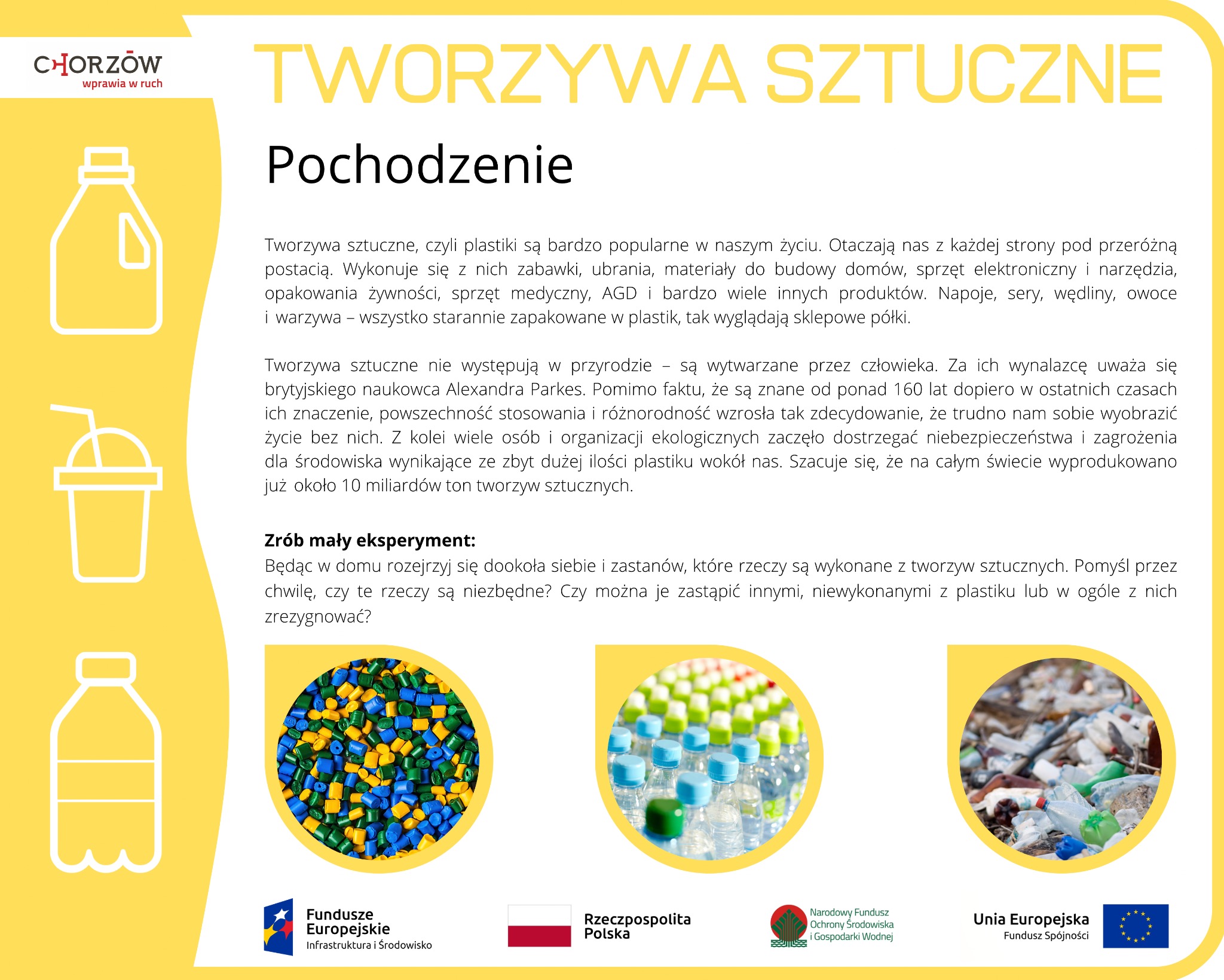 Grafika informacyjna o tworzywach sztucznych: ich pochodzeniu, zastosowaniu i wpływie na środowisko. Zawiera tekst, ikony i zdjęcia przedstawiające plastikowe produkty i odpady.