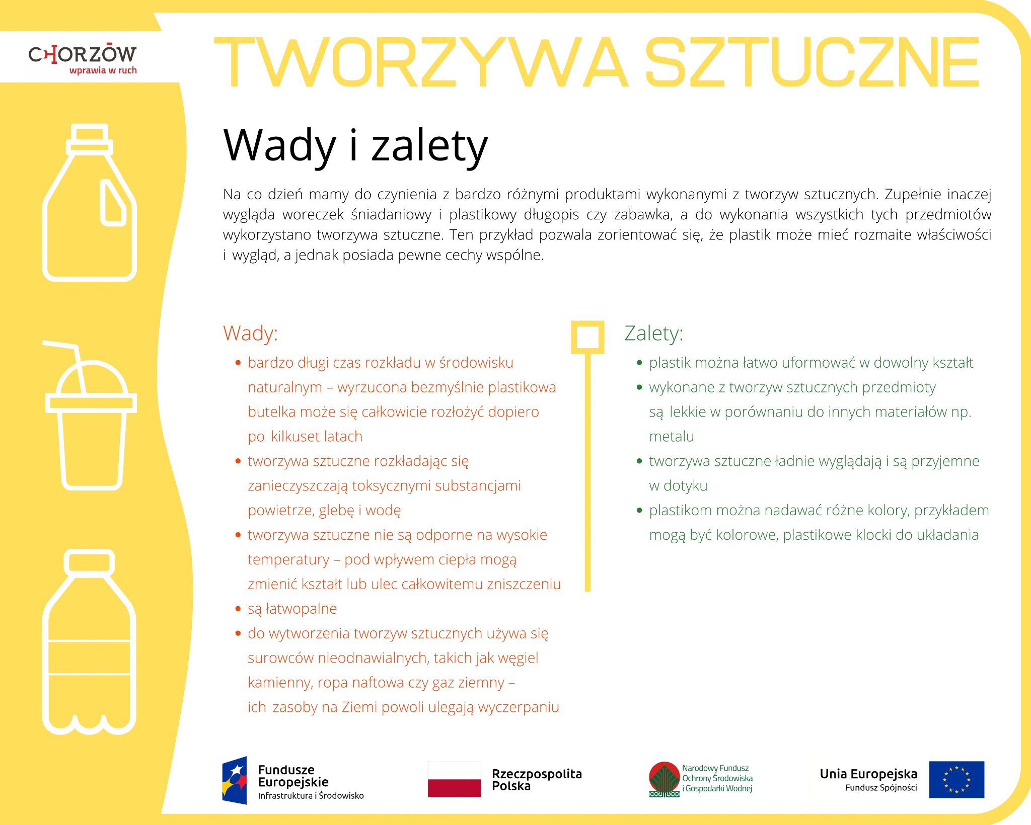 Infografika o tworzywach sztucznych: wady (długi rozkład, zanieczyszczenia, łatwopalność) i zalety (łatwość formowania, lekkość, estetyka). Żółto-zielona kolorystyka.