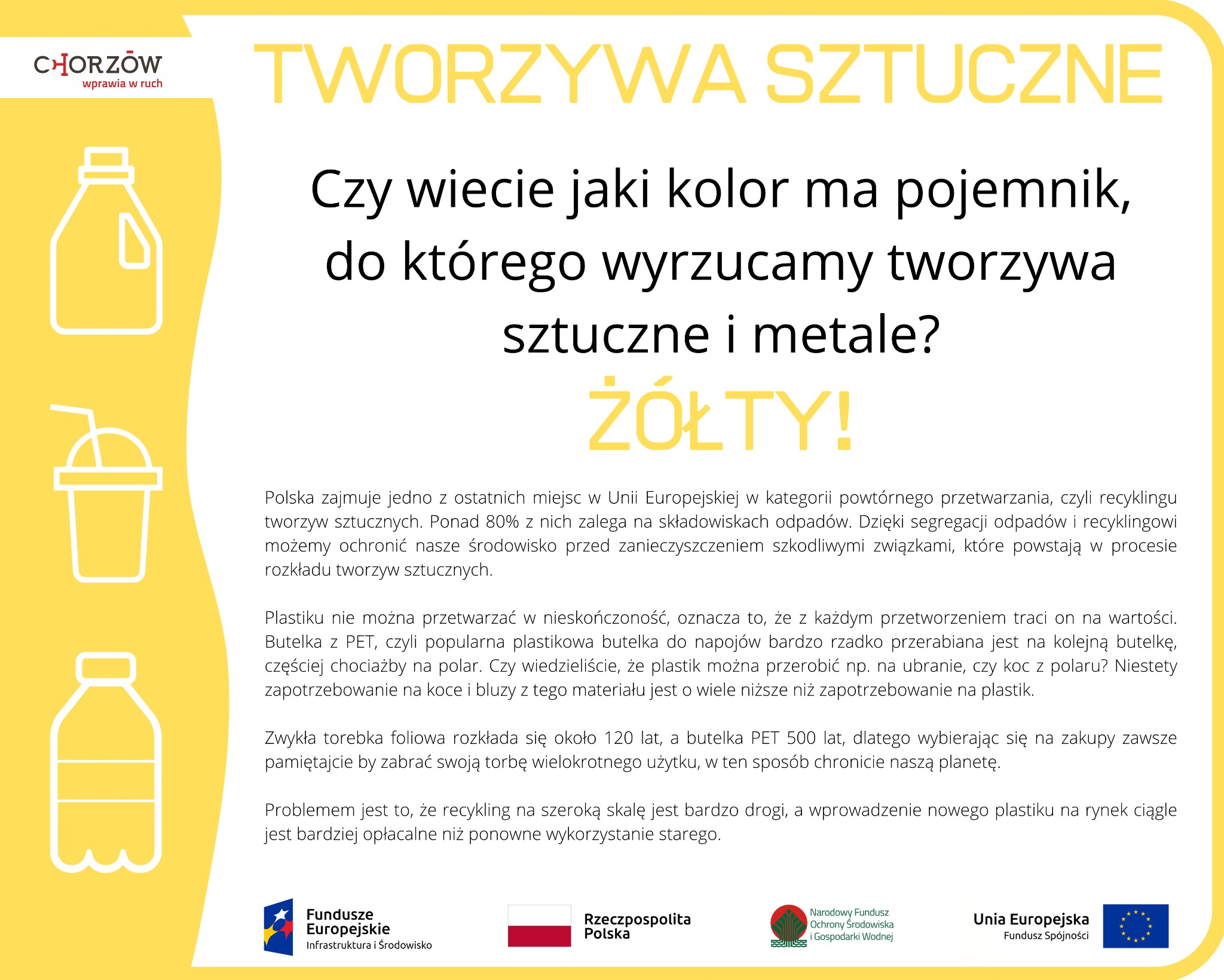 Grafika informacyjna o recyklingu tworzyw sztucznych z logotypem Chorzowa. Tekst: Jaki kolor ma pojemnik na tworzywa sztuczne i metale? Żółty!