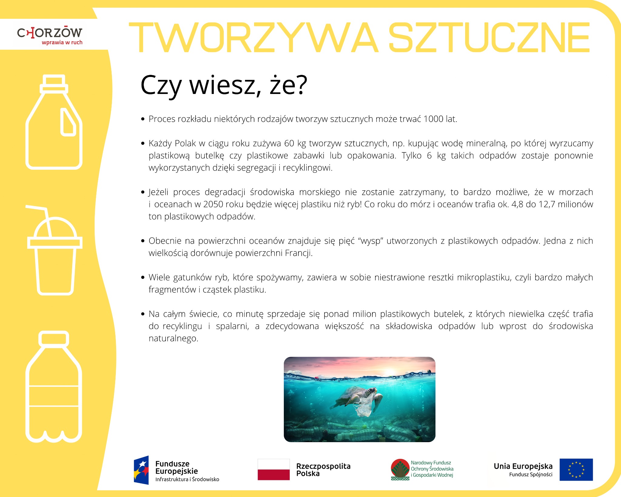 Infografika o tworzywach sztucznych: statystyki zużycia, rozkładu i wpływu na środowisko morskie. Żółte tło, białe ikony butelek, zdjęcie żółwia morskiego z plastikiem.