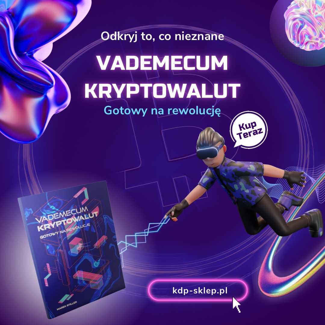Grafika 3D: Książka 'Vademecum Kryptowalut' z postacią w okularach VR, neonowe elementy i napis 'Odkryj to, co nieznane'. Promocja na kdp-sklep.pl.