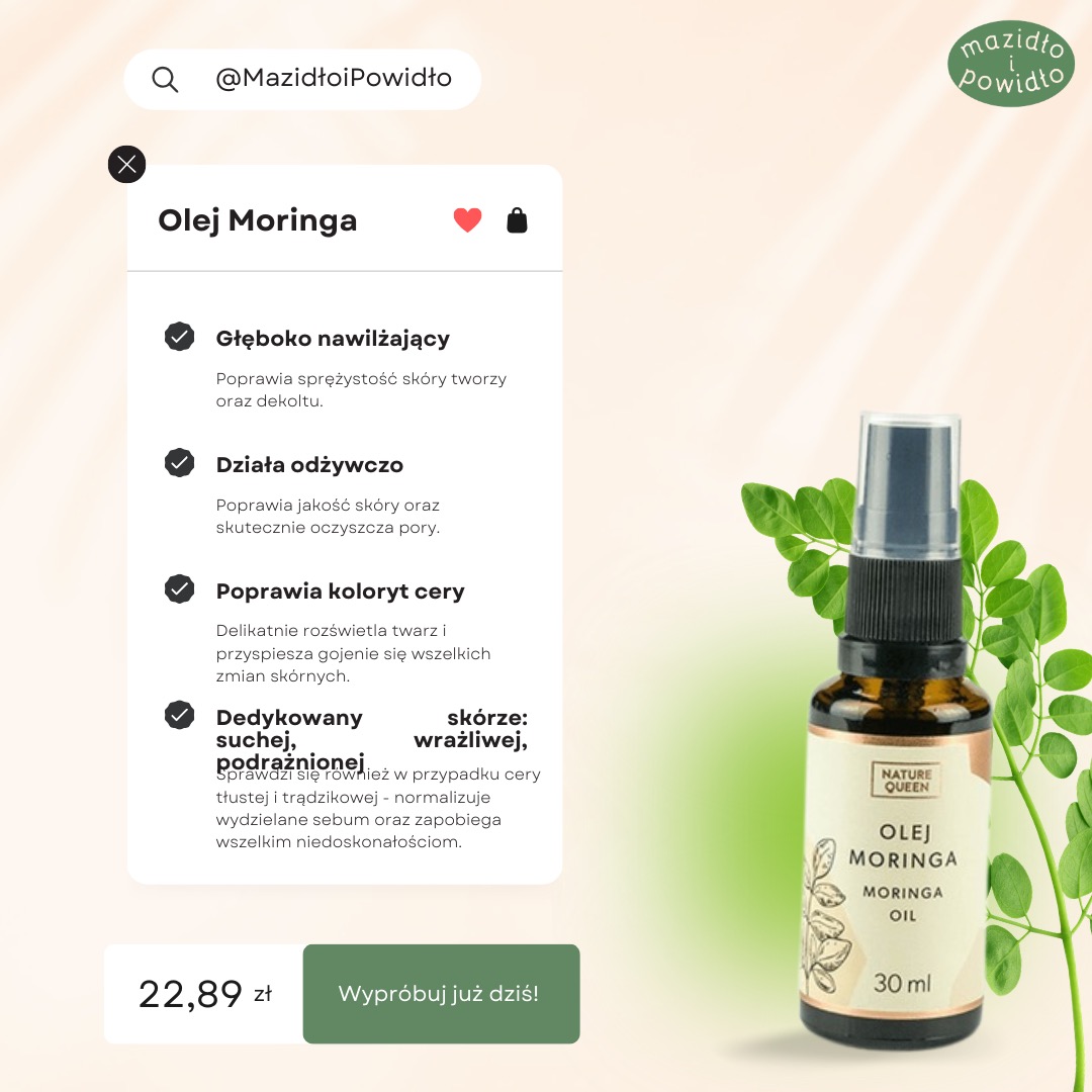 Olej Moringa w brązowej butelce z atomizerem, na tle zielonych liści. Etykieta Nature Queen. Reklama produktu z opisem właściwości nawilżających i odżywczych.