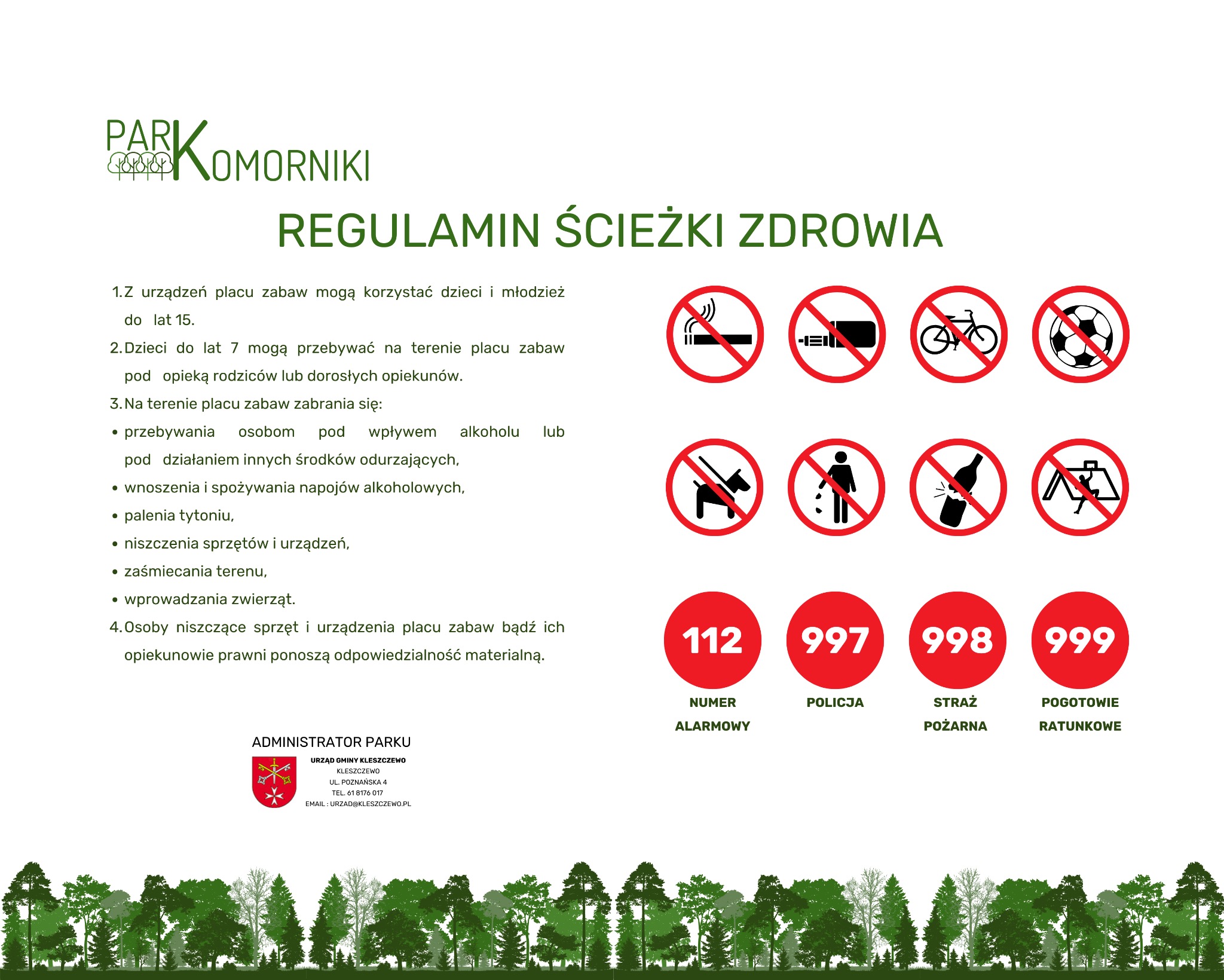 Regulamin ścieżki zdrowia w Parku Komorniki, z piktogramami zakazów i numerami alarmowymi na białym tle, zwieńczony sylwetkami drzew.