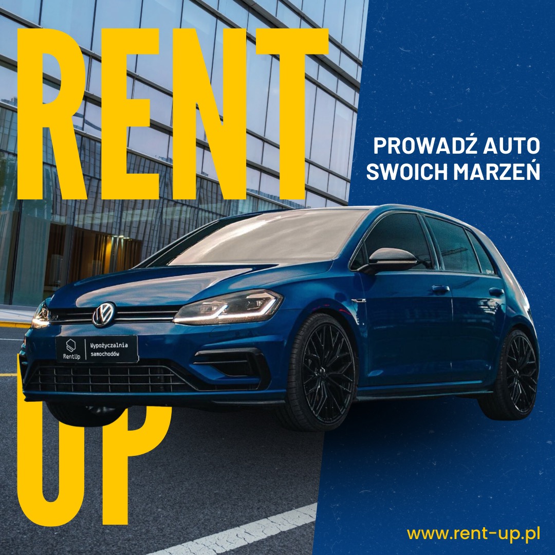 Niebieski Volkswagen Golf z czarnymi felgami na tle nowoczesnego budynku i granatowego tła z hasłem 'Prowadź auto swoich marzeń' i logo RentUp.