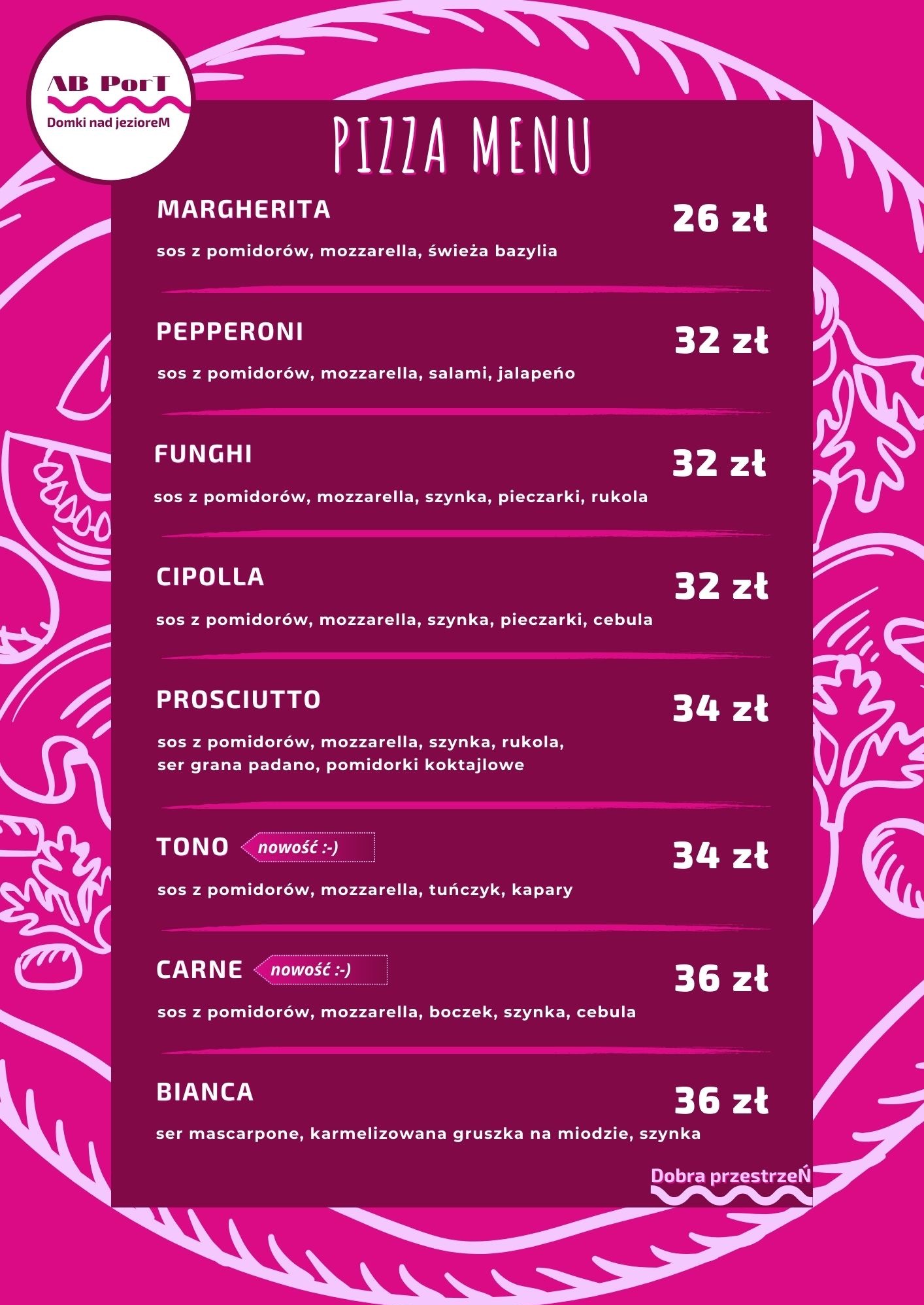 Menu pizzy w odcieniach różu z nazwami i składnikami: Margherita, Pepperoni, Funghi, Cipolla, Prosciutto, Tono, Carne, Bianca. Ceny w złotych.