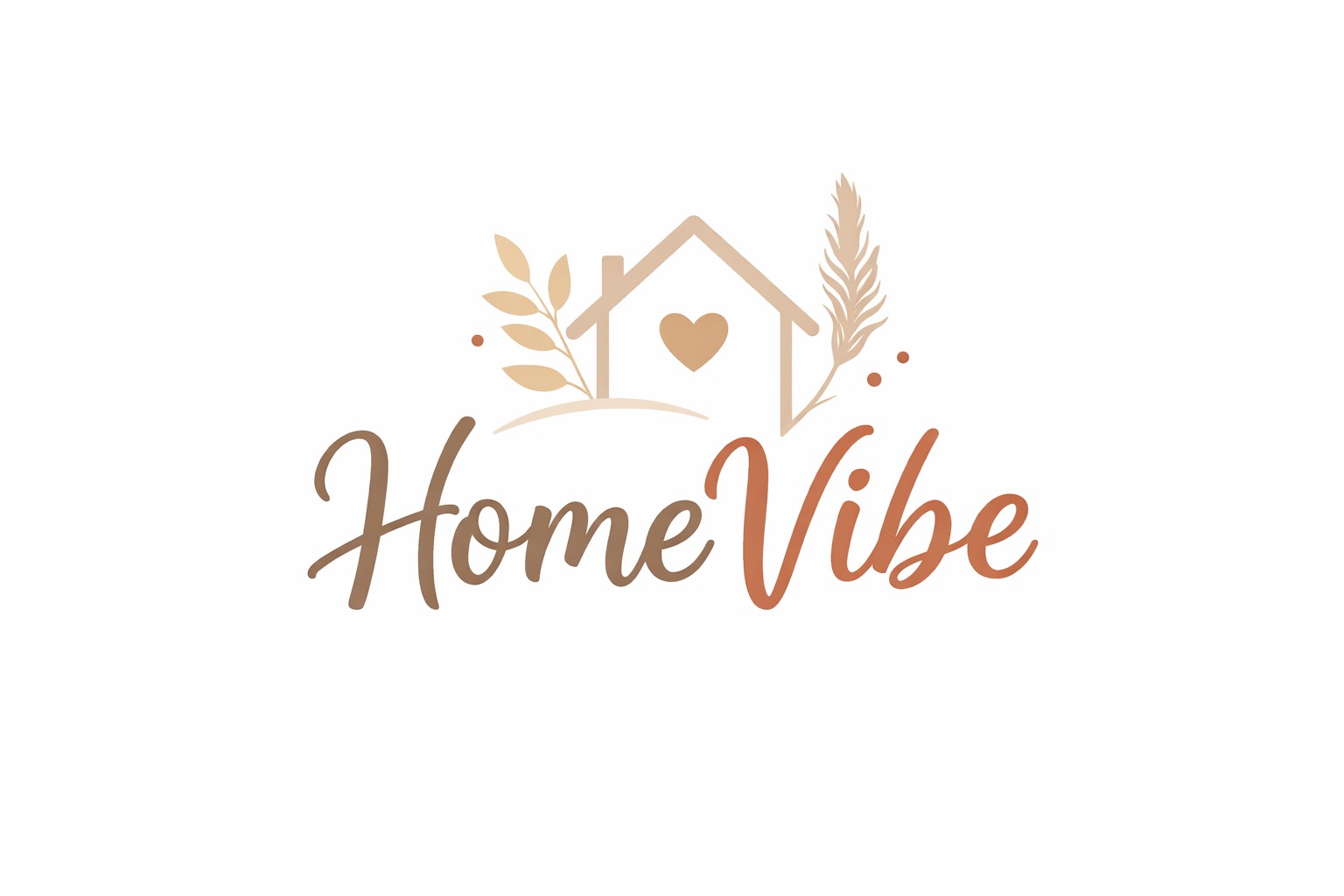 Logo 'Home Vibe' w ciepłych, ziemistych tonach. Stylizowany dom z sercem, otoczony roślinnymi elementami. Elegancki, odręczny font.