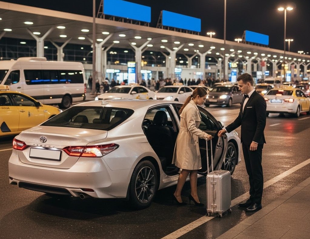 Elegancki kierowca w smokingu pomaga kobiecie z walizką wsiąść do białej taksówki na tle lotniska z rzędem taksówek i oświetleniem.