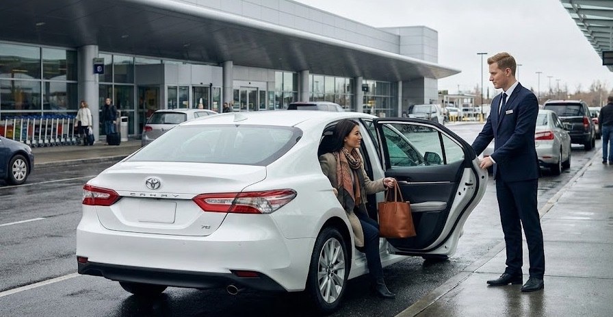 Elegancki kierowca otwiera drzwi białej Toyoty Camry dla kobiety z torbą, lotnisko w tle. Usługa przewozu osób.