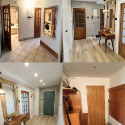 TOMASZmnie złota rączka - Kolaż prezentujący metamorfozę przedpokoju: od płytek i boazerii do paneli, gładzi i nowoczesnych drzwi. Widoczne zmiany w oświetleniu i aranżacji.