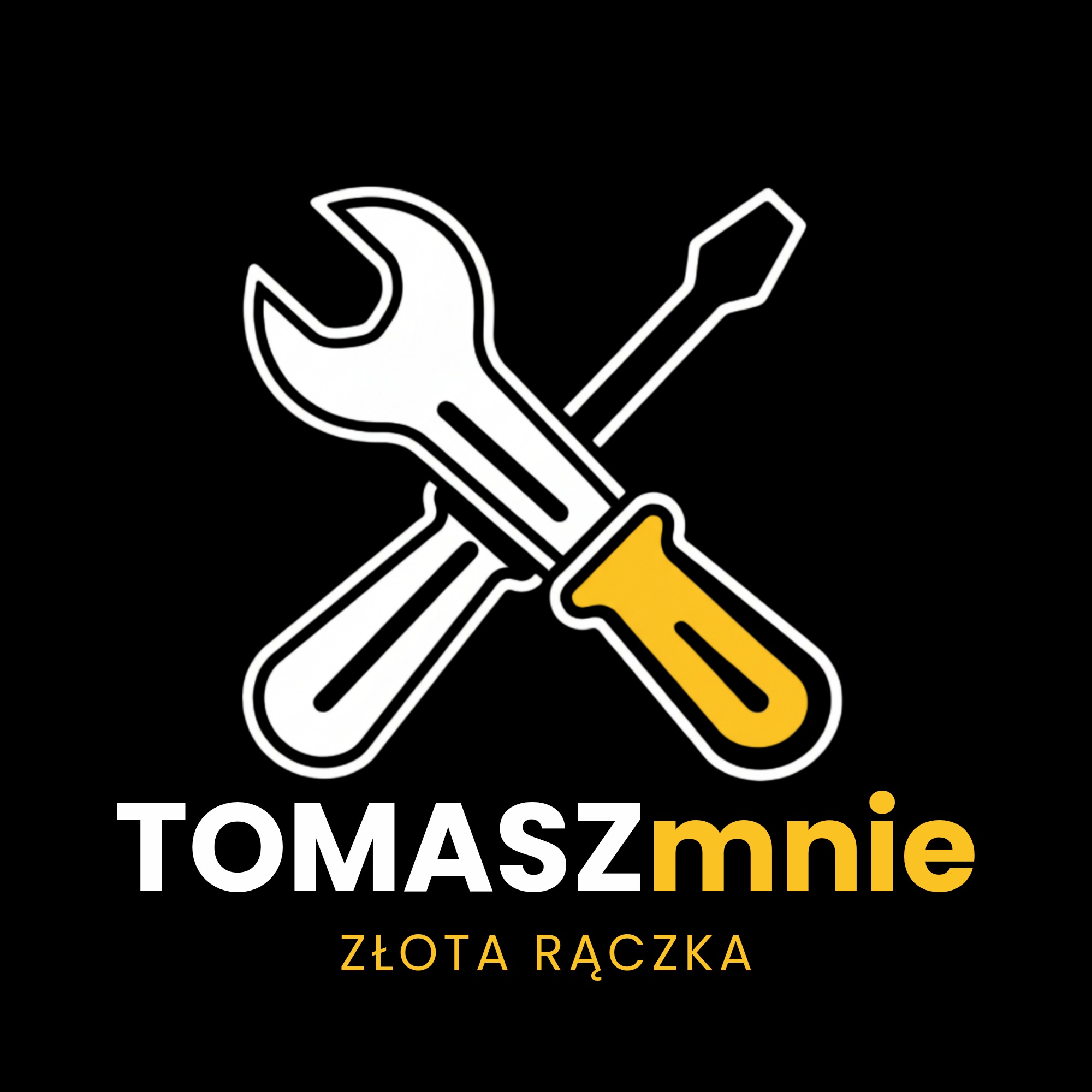 Grafika z logotypem firmy 'Tomaszmmnie Złota Rączka' na czarnym tle. Skrzyżowane narzędzia: klucz płaski i śrubokręt z żółtą rączką.