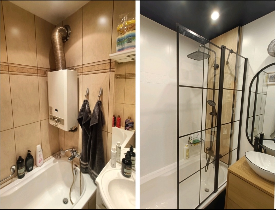 Dwie aranżacje łazienki: klasyczna z piecykiem gazowym i nowoczesna z kabiną prysznicową typu walk-in z czarnymi profilami, umywalką nablatową i okrągłym lustrem.