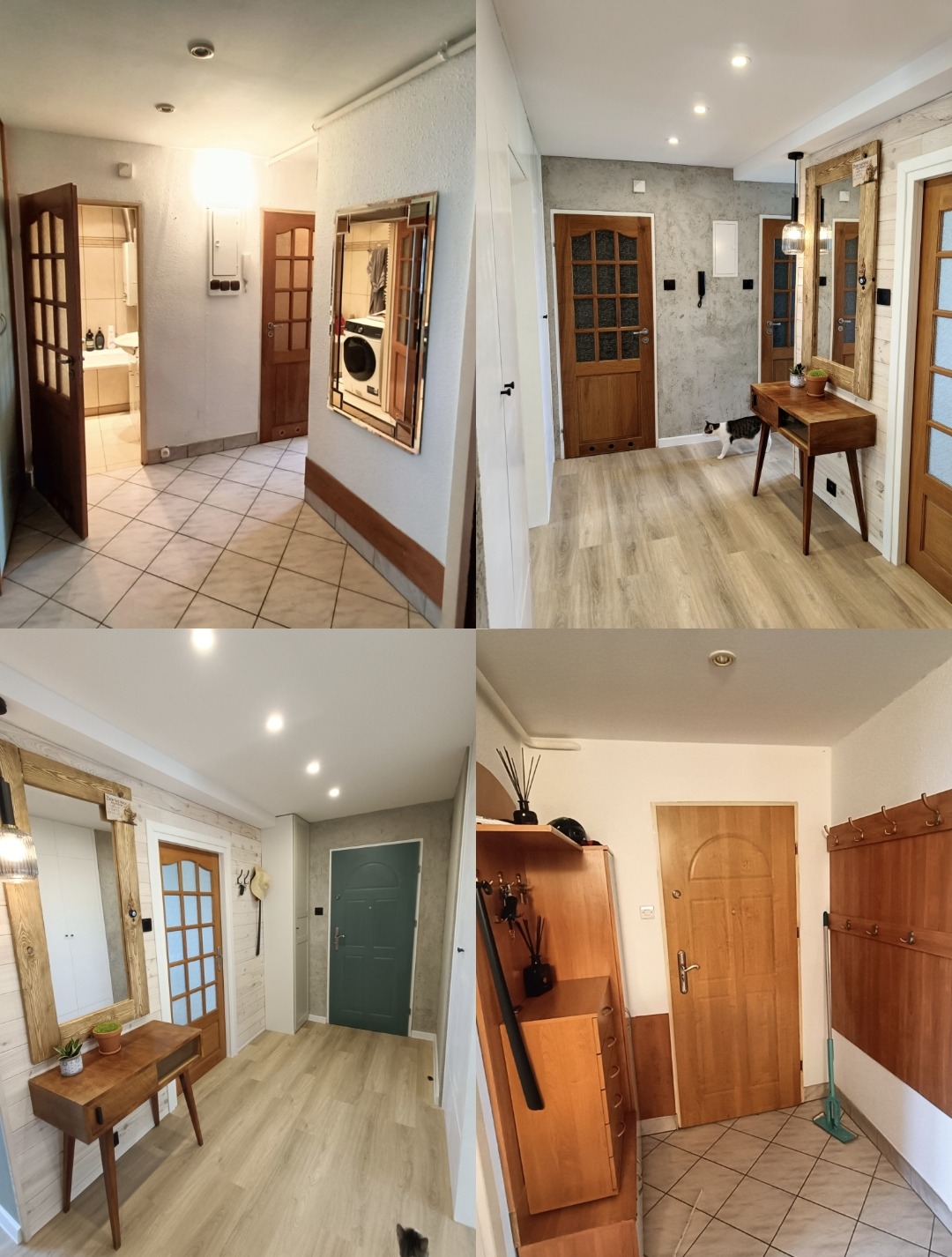 Kolaż prezentujący metamorfozę przedpokoju: od płytek i boazerii do paneli, gładzi i nowoczesnych drzwi. Widoczne zmiany w oświetleniu i aranżacji.