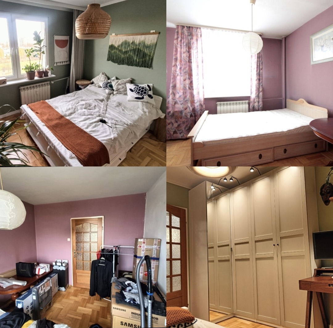 Kolaż czterech zdjęć wnętrz: sypialnie w różnych stylach i kolorach, od boho z roślinami po minimalistyczną z dużą szafą. Widoczne łóżka, okna, dekoracje i meble.