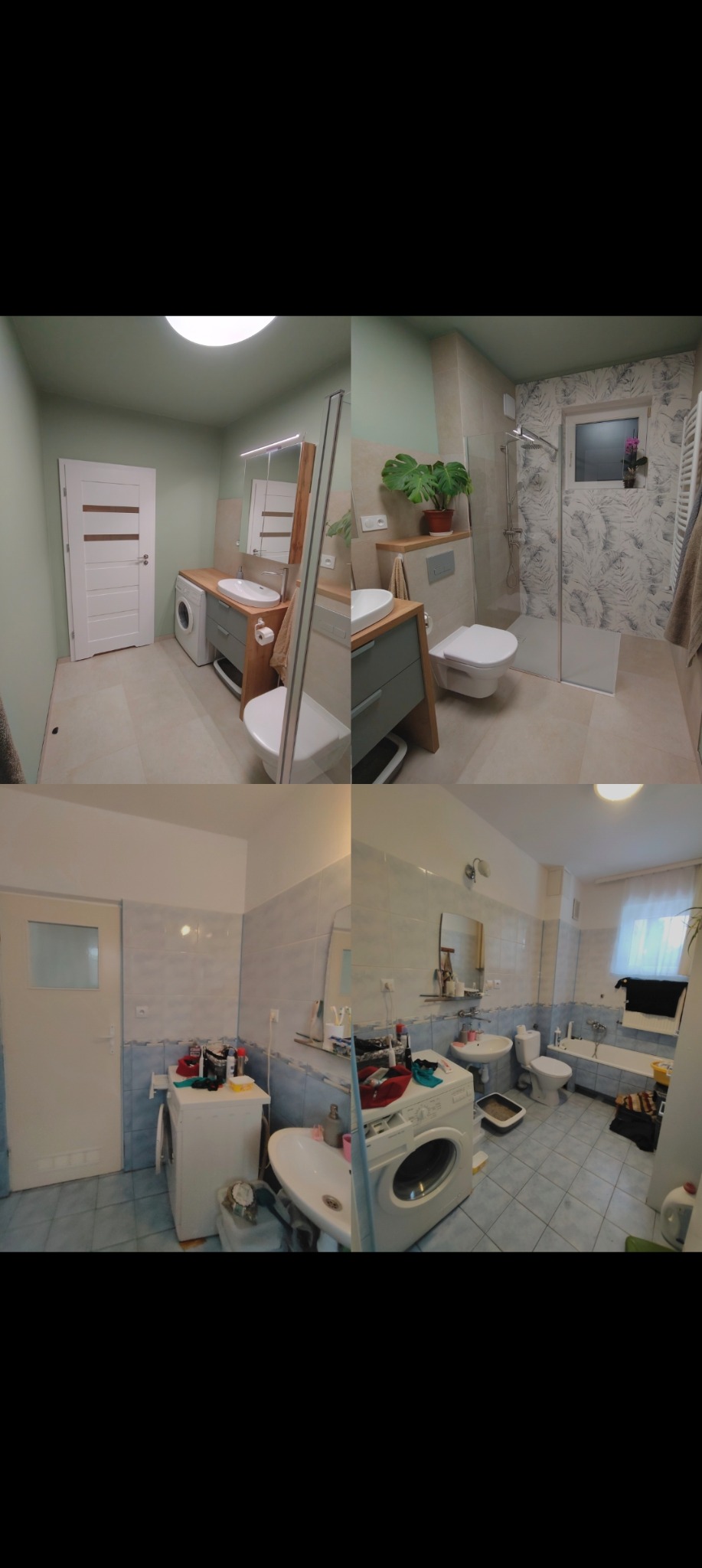 Dwie łazienki: jedna z drewnianymi akcentami i rośliną, druga z pralką i niebieskimi płytkami. Nietypowe ujęcie prezentuje kontrast stylów i aranżacji.