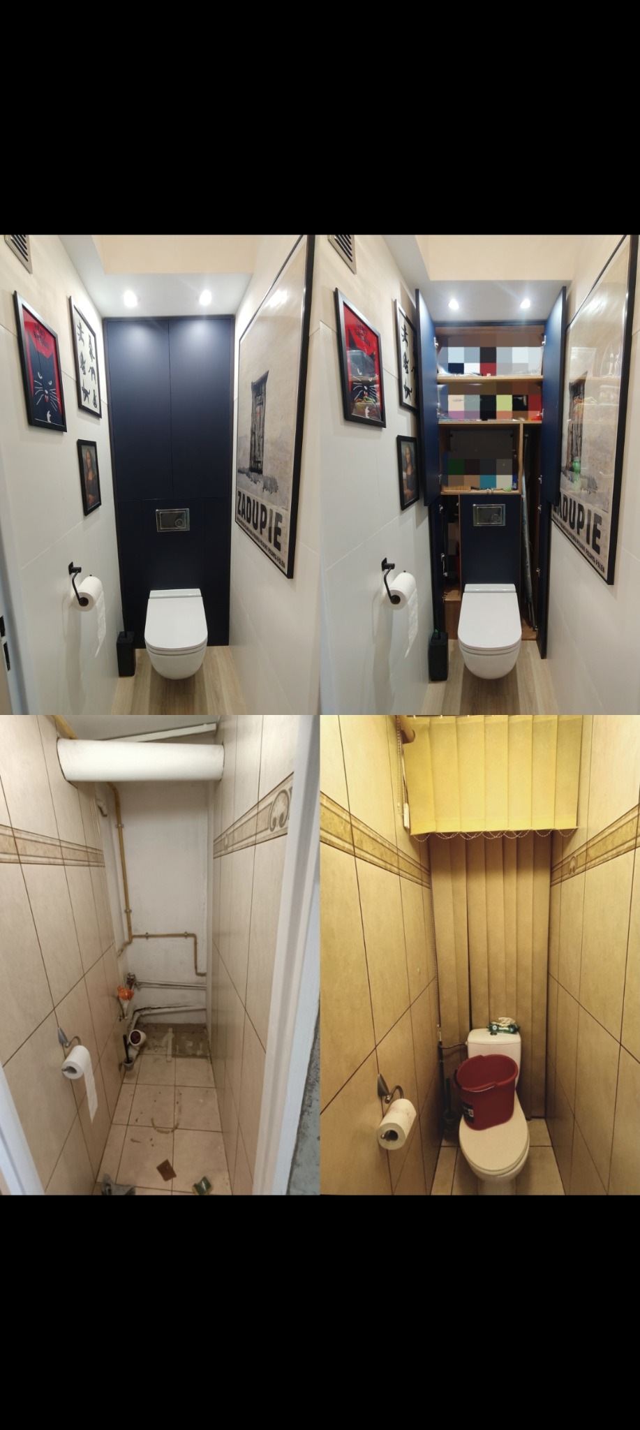 Remont toalety: kolaż 'przed' - surowe wnętrze z odsłoniętymi rurami i 'po' - nowoczesna aranżacja z zabudową, płytkami i dekoracjami ściennymi.