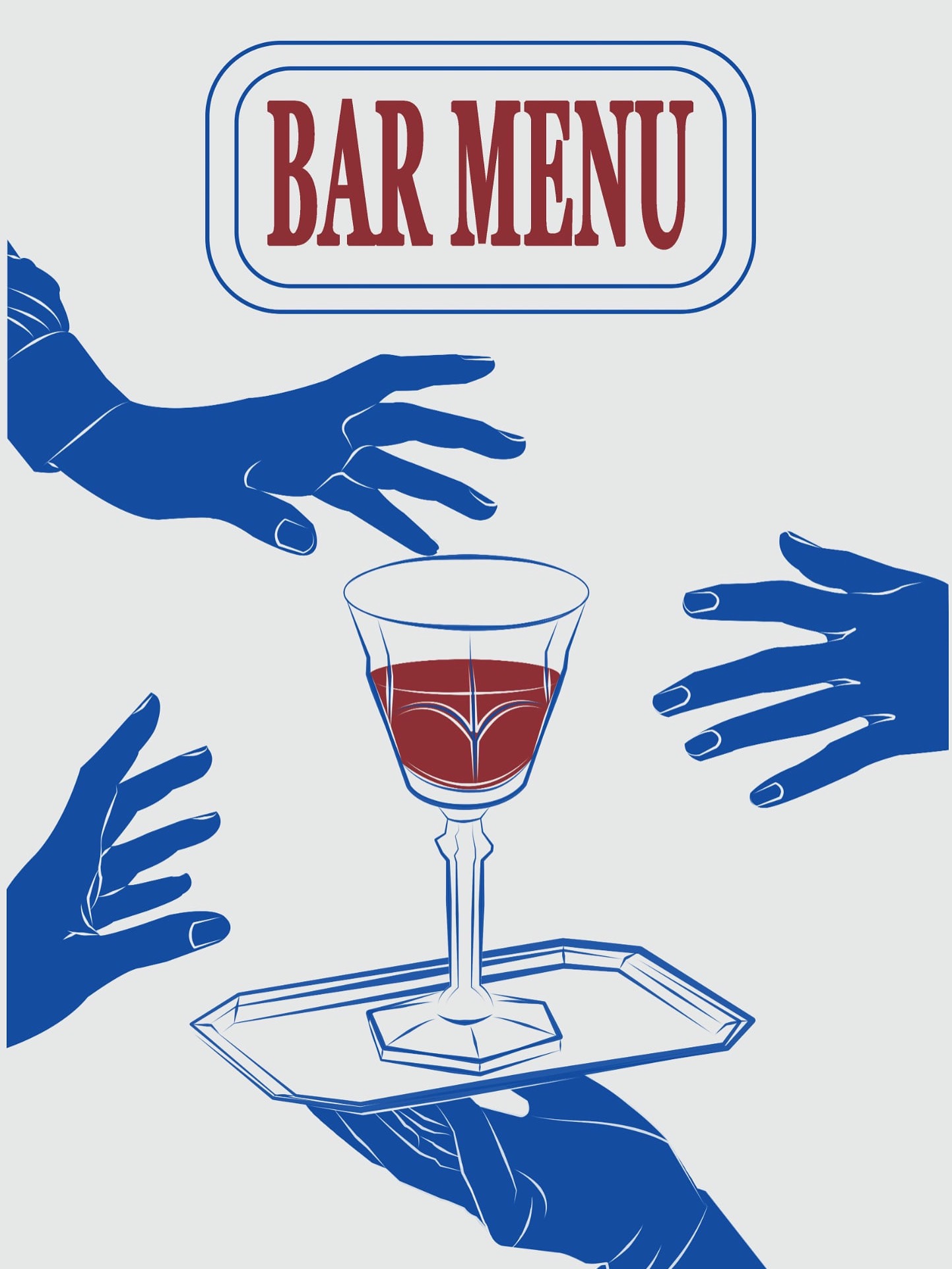 Ilustracja menu baru: dłoń trzyma tacę z kieliszkiem czerwonego wina, otoczona przez inne dłonie, a nad nimi napis 'BAR MENU' w ozdobnej ramce.