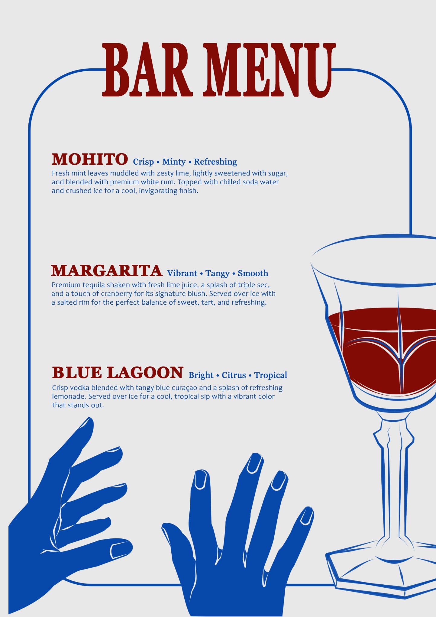 Ilustracja menu baru z koktajlami: Mohito, Margarita, Blue Lagoon. Grafika w odcieniach czerwieni i błękitu, z rysunkiem dłoni i kieliszka.