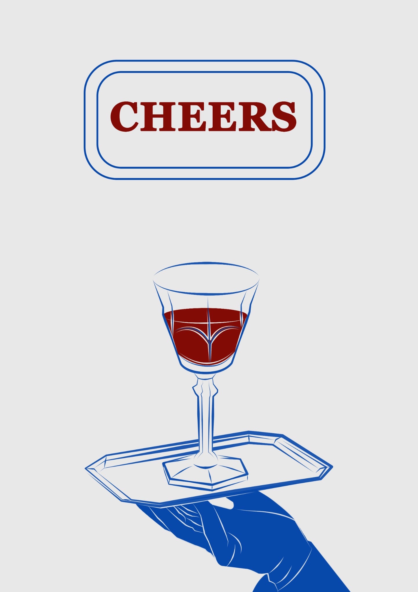 Ilustracja: Ręka w niebieskim odcieniu trzyma tacę z kieliszkiem czerwonego wina. Nad kieliszkiem napis 'CHEERS' w ramce, również w odcieniach niebieskiego i czerwonego.