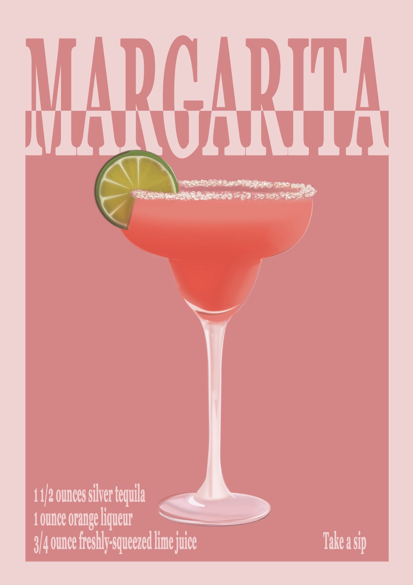 Ilustracja koktajlu Margarita z plasterkiem limonki i solą na krawędzi kieliszka, na różowym tle z napisem 'Margarita' i przepisem.