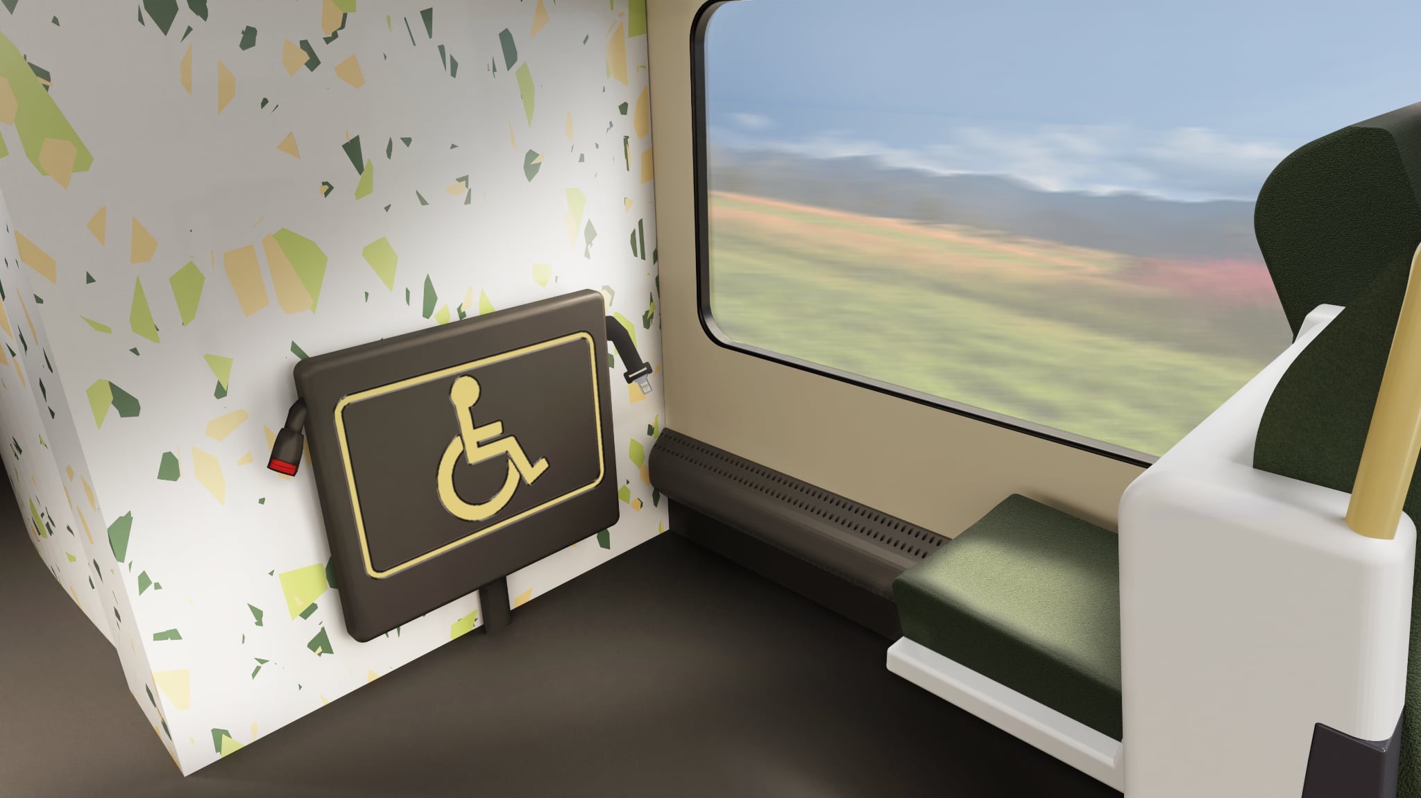 Wnętrze wagonu kolejowego z miejscem dla osób z niepełnosprawnościami, widok na okno z rozmazanym krajobrazem, wzorzysta ściana i uchwyt z symbolem wózka.