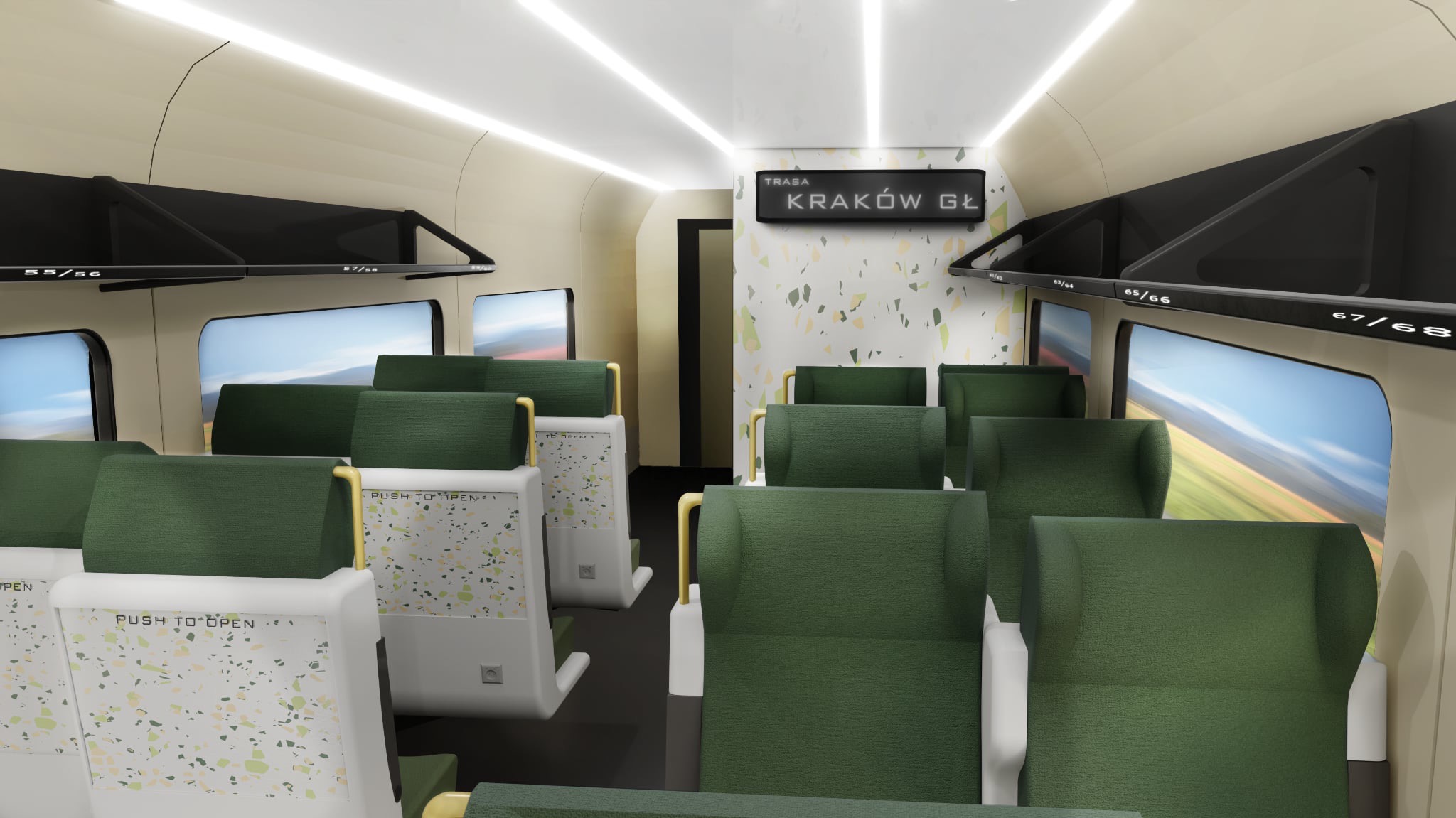 Wnętrze wagonu pociągu z zielonymi siedzeniami i informacją o trasie do Krakowa Głównego. Widoczne półki bagażowe i okna z rozmytym krajobrazem.