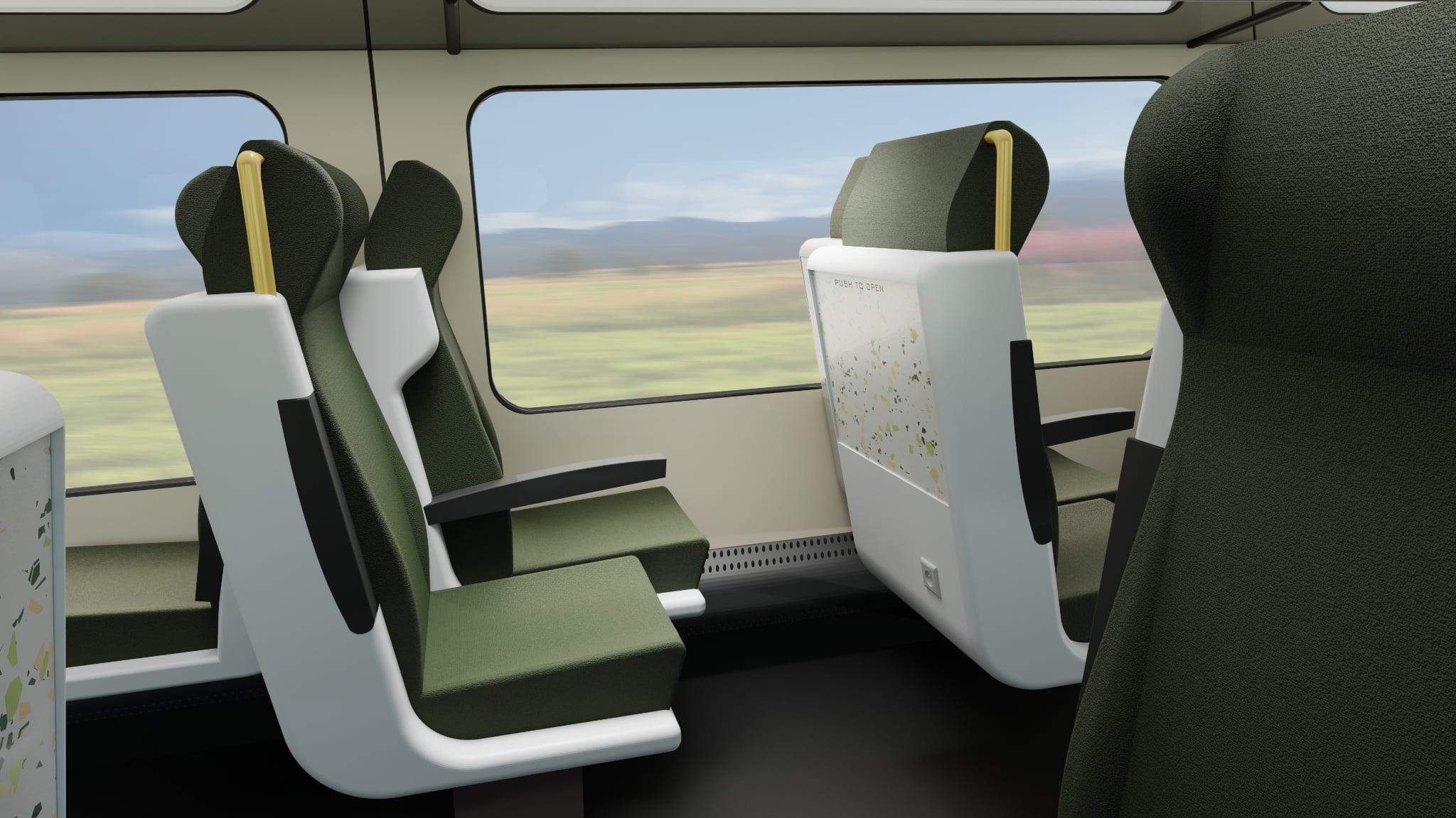 Wnętrze nowoczesnego wagonu kolejowego z zielonymi siedzeniami i dużymi oknami, przez które widać krajobraz. Na oparciach siedzeń widoczne subtelne wzory.