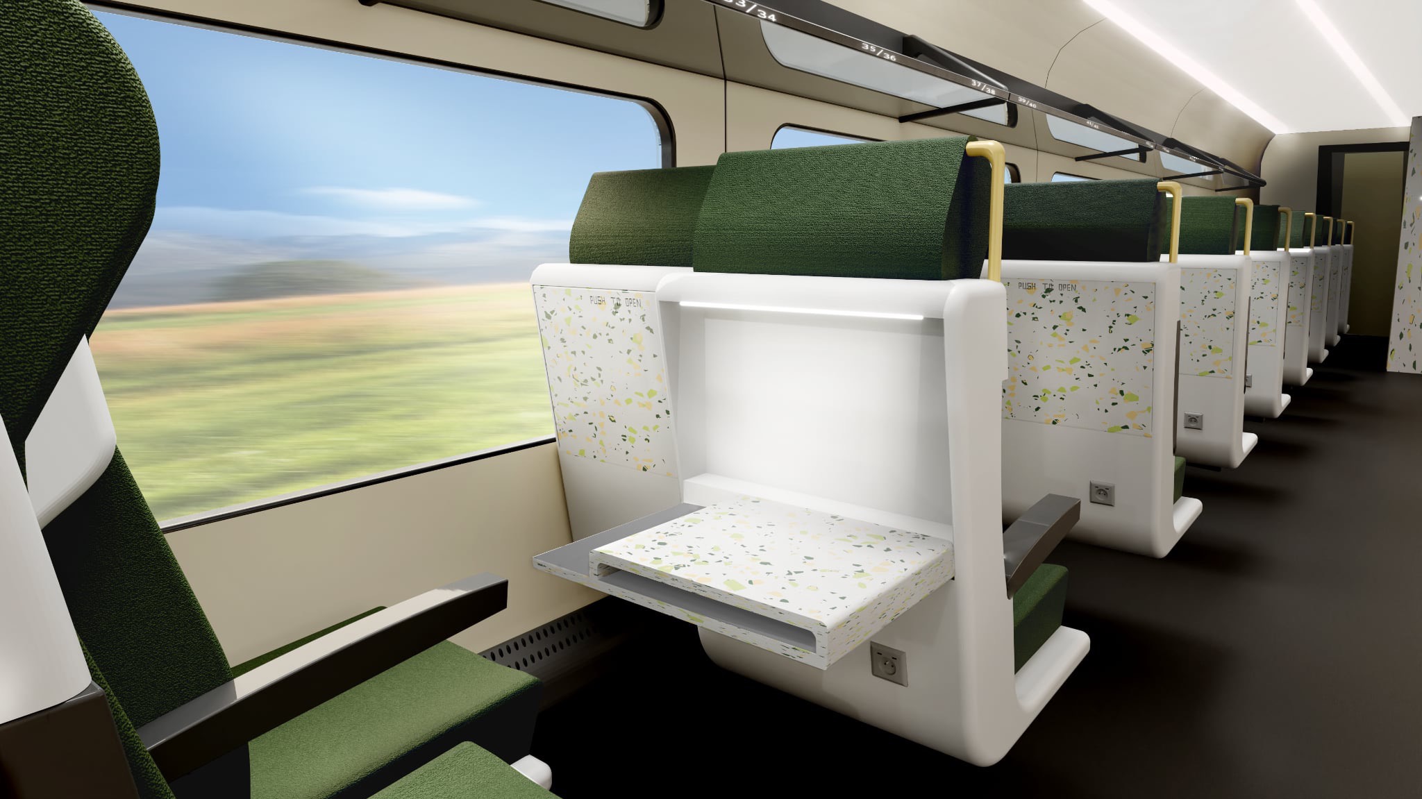 Wnętrze wagonu kolejowego z zielonymi siedzeniami i stolikami w stylu lastryko, widok z okna na rozmyty krajobraz. Nowoczesny design, oświetlenie LED.