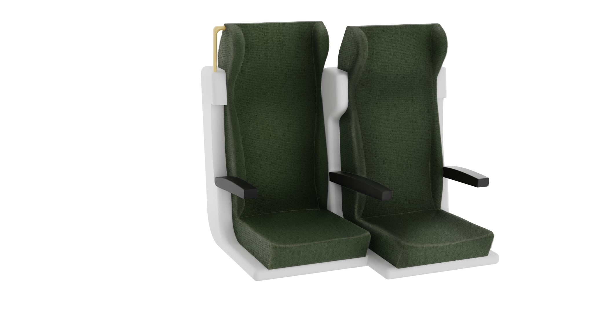 Wizualizacja 3D dwóch foteli z zieloną tapicerką i czarnymi podłokietnikami, umieszczonych na białej podstawie. Widok z perspektywy.
